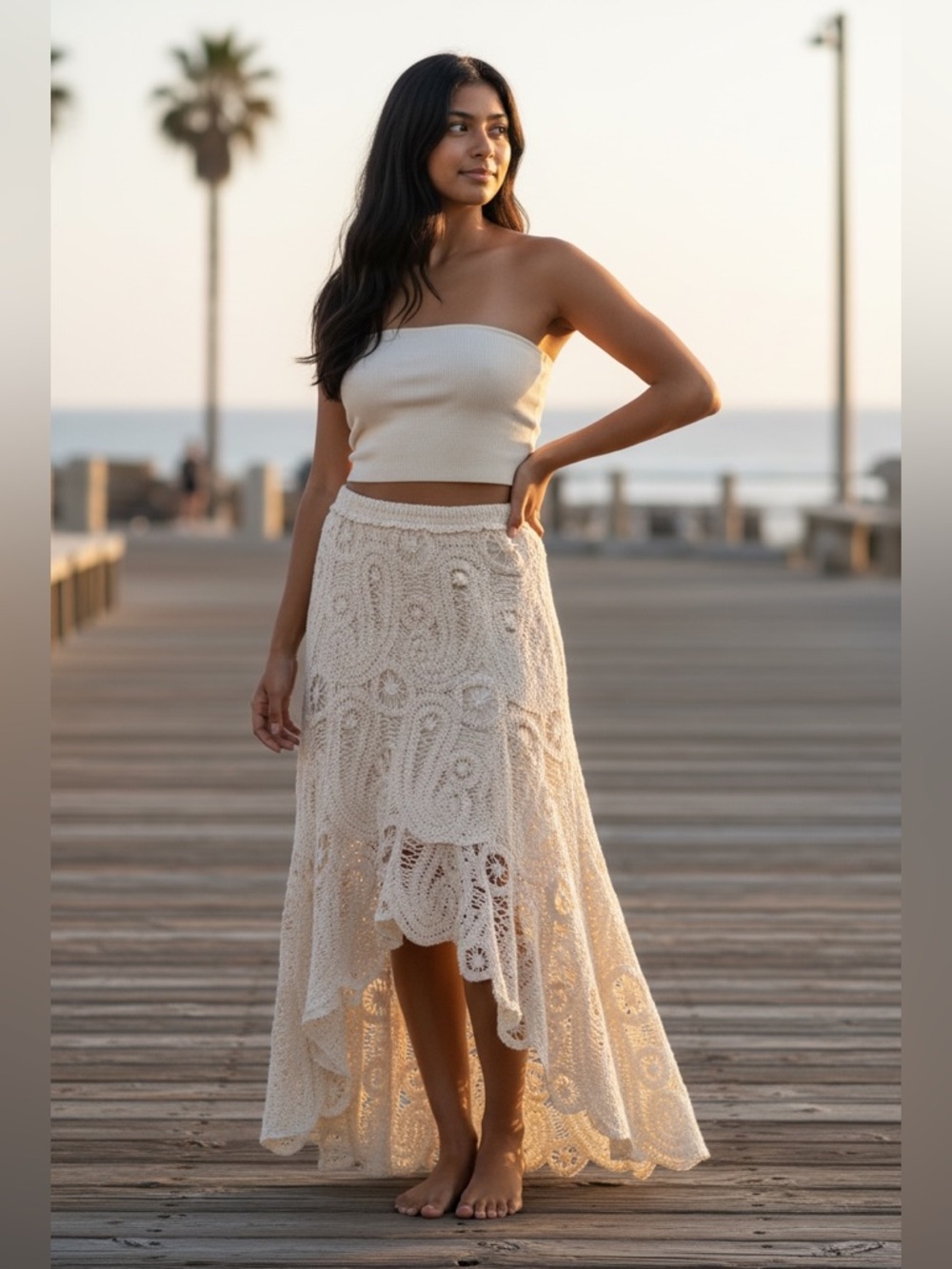 POL Cream Crochet High-Low Skirt